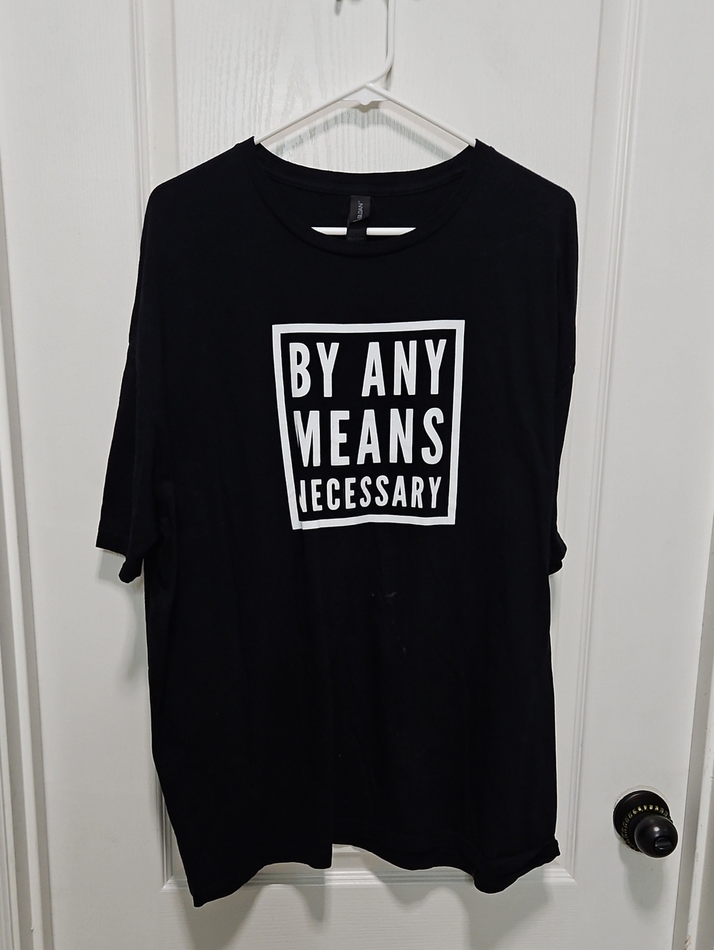Gildan Black Short Sleeve Tee with White 'By Any Means Necessary' Graphic